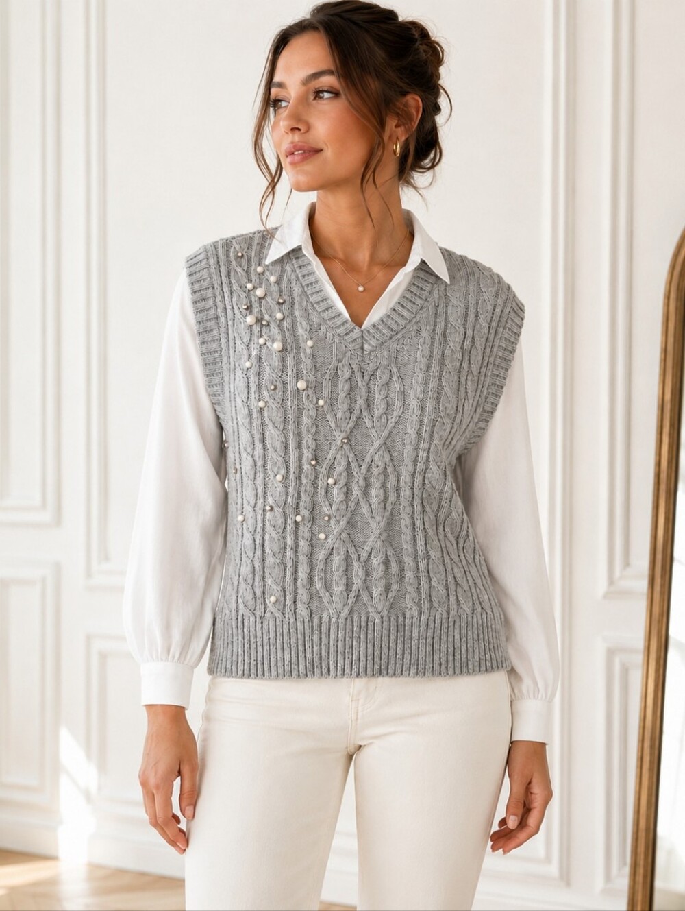 Free Assembly Pearl & Rhinestone Embellished Gray Cable Knit Sweater Vest Small - Picture 2 of 10
